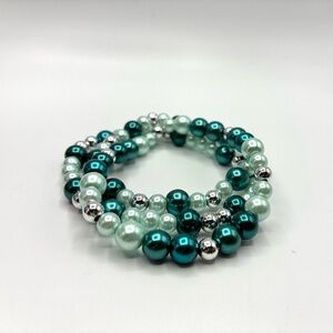 Teal and Silver Beaded Bracelet Set